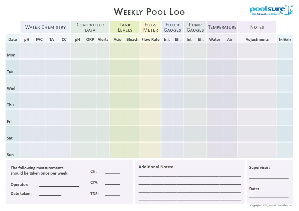 Poolsure's weekly pool log is a free and downloadable resource for all pool owners.